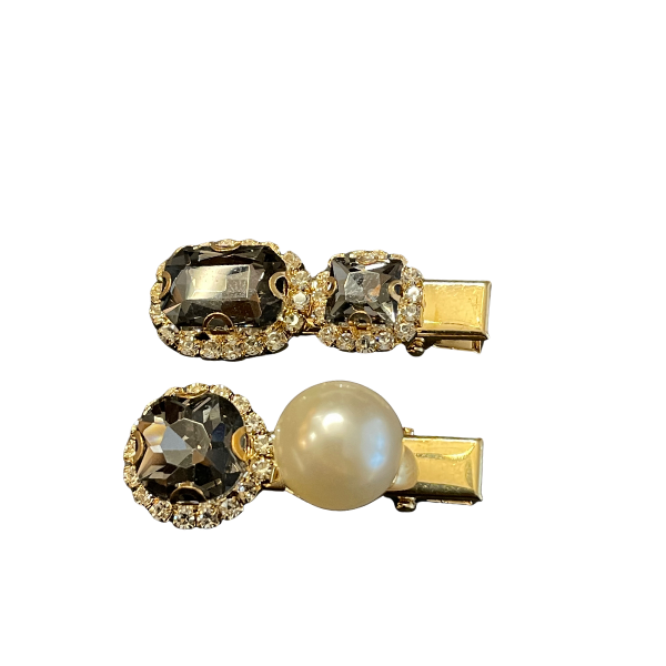 Black Gem & Pearl Gold Hair Clip Set