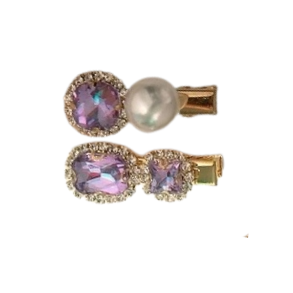 Violet Gem & Pearl Gold Hair Clip Set